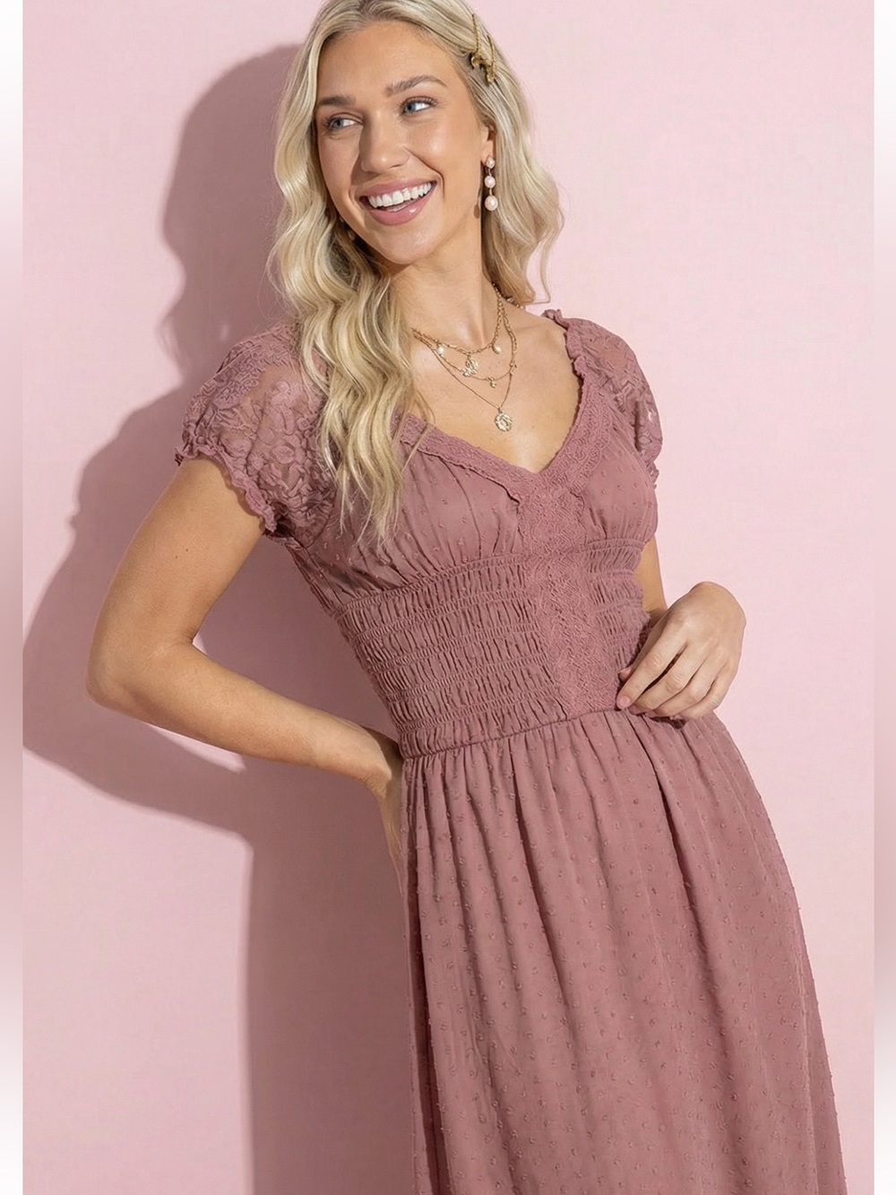 Anna-Kaci Mauve Lace-Trim Smocked Midi Dress L